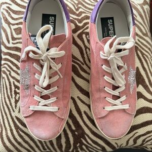 Golden Goose Pink Suede Sneakers with Purple Heel and Crystal Star Accent